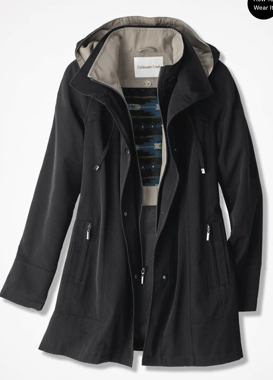 COLDWATER CREEK BLACK ALL-SEASON WATER REPELLENT REMOVABLE LINING COAT JACKET PS
